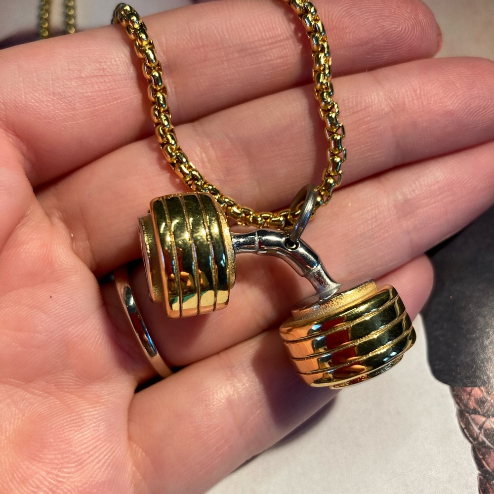 Gold Plated Barbell Pendant Hip Hop Statement - Picture 2 of 5
